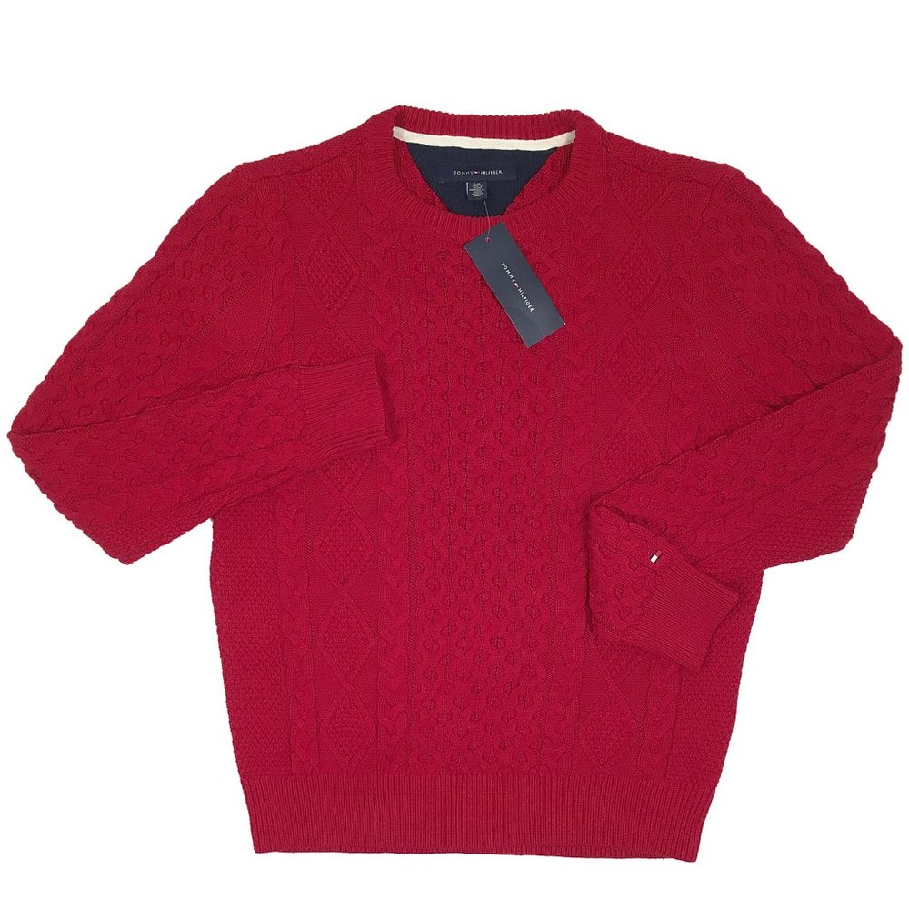 NEW Tommy Hilfiger Sweater!  Red  Heavier Weight  Cable Knit  Small Tommy Flag